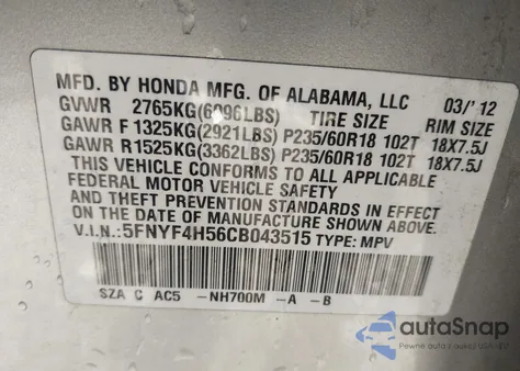 2012 Honda Pilot Ex-L z USA, uszkodzony, nr VIN 5FNYF4H56CB043515